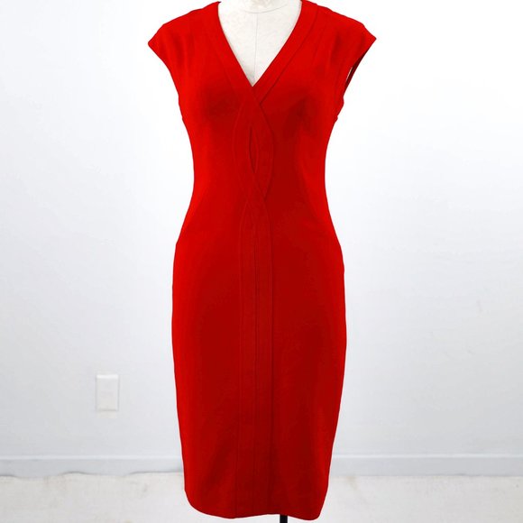 Runway Rachel Roy Y2K RTW Red Dress S Midi Work Christmas Holiday Party Sheath - Picture 9 of 9